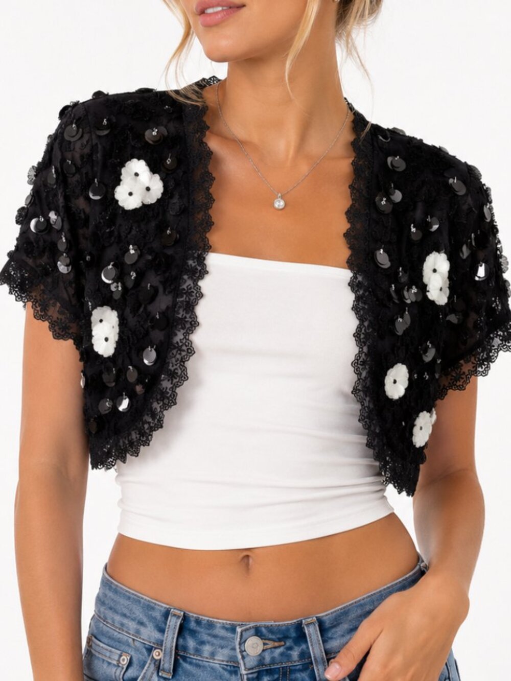 Floral & Sequin Black Whimsical Shrug Cardigan Anita Su for LaiCarFore
